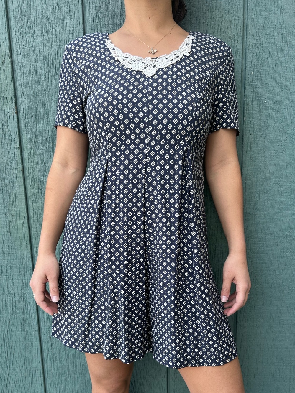 Lace-Trim Navy Printed Fit & Flare Romper